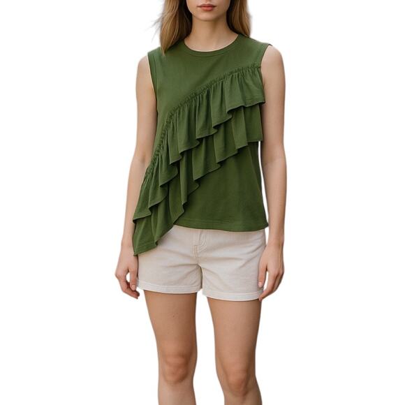 J. Crew Tiered Ruffle Drapey Crew Neck Tank Top Green Size M - Picture 1 of 8